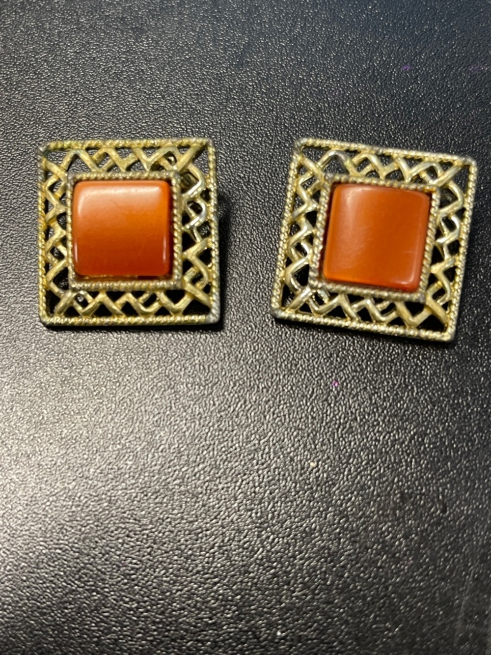 Gold-Tone Square Earrings with Orange Center-A1